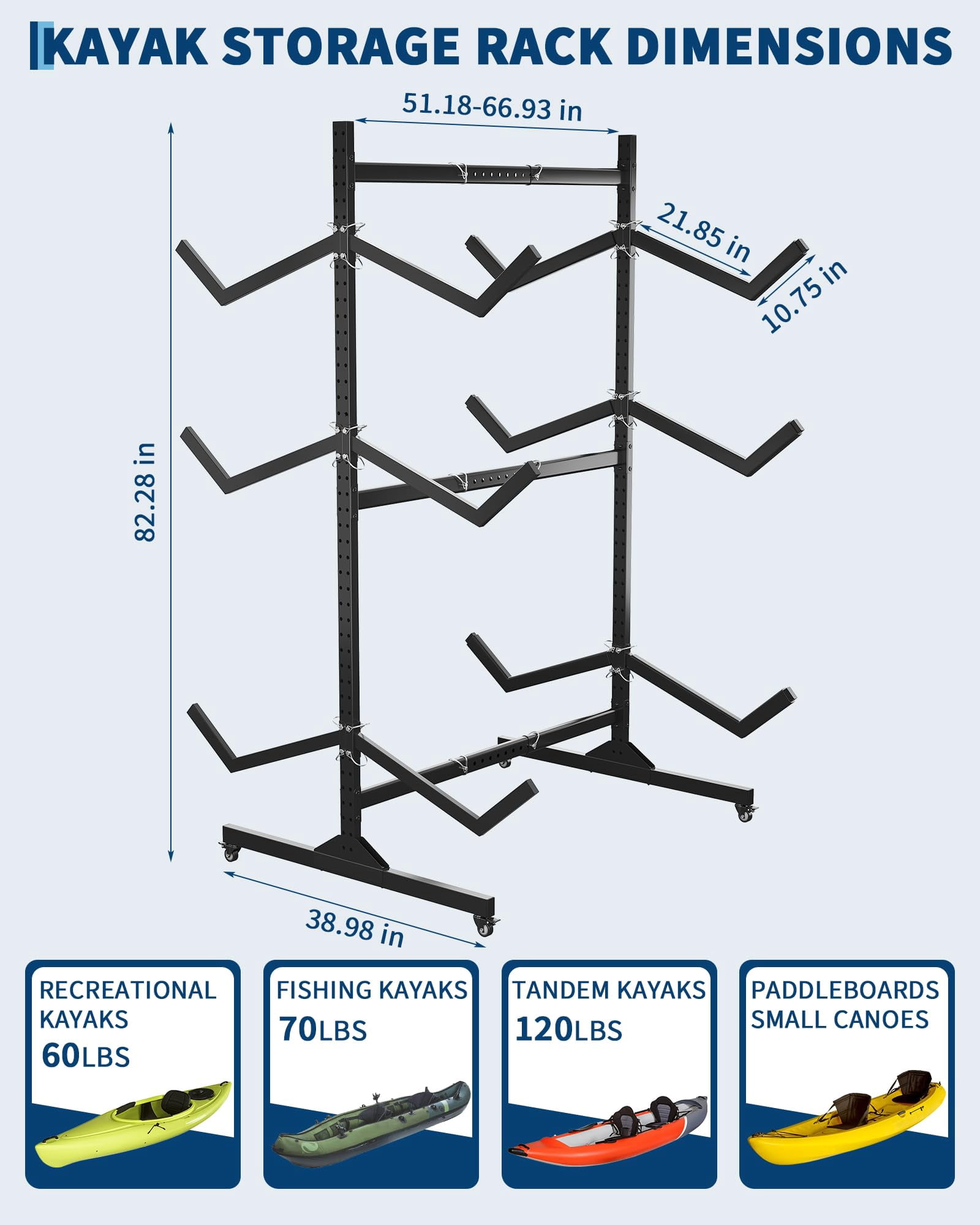 3-Tier Freestanding Kayak Storage Rack -Storage Rack for Kayaks or Canoes - Premium Kayak Stand for Outdoor and Indoor - Heavy Duty Kayak Holder
