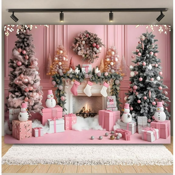 Pink Christmas Photography Backdrop Fireplace Gift Christmas Tree Wreath Snowman Kid Family Portrait Xmas Photo Background r