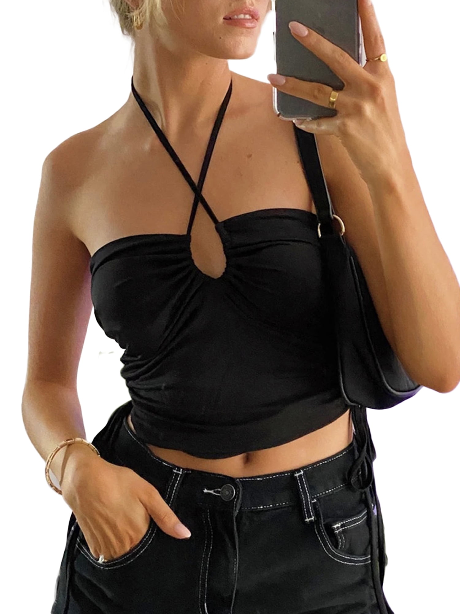 Chic Tanks & Camisoles Top With Built In Bra, Halter Off Shoulder Crop Top,  Hollow Out Camisole, Solid Color, And Backless Design From Pangxiea, $13.78