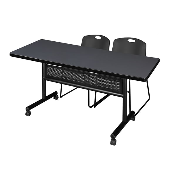 72" x 30" Flip Top Mobile Training Table with Modesty Panel- Grey and 2 Zeng Stack Chairs- Black