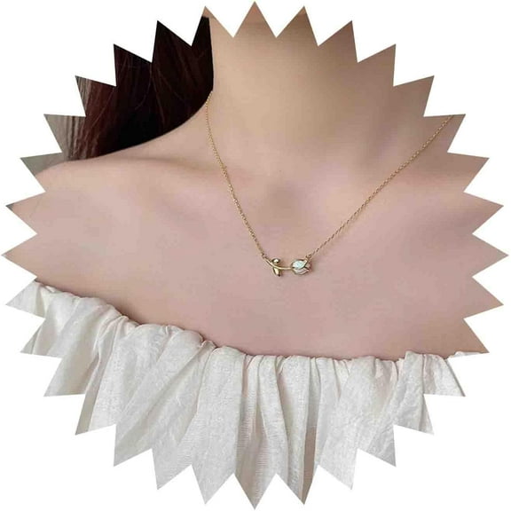 Bohemian Opal Tulip Choker Necklace Gold Tulip Flower Pendant Necklace Moonstone Flower Collar Necklace Small Floral Tulip Flower Chain Necklace Jewelry for Women Gifts