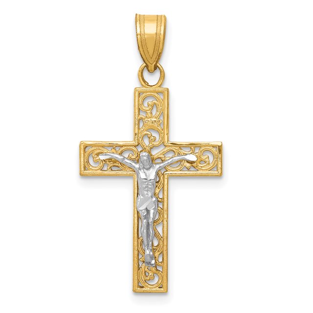14K Yellow Gold Diamond Cut Small Block Filigree Cross w/Crucifix Pendant