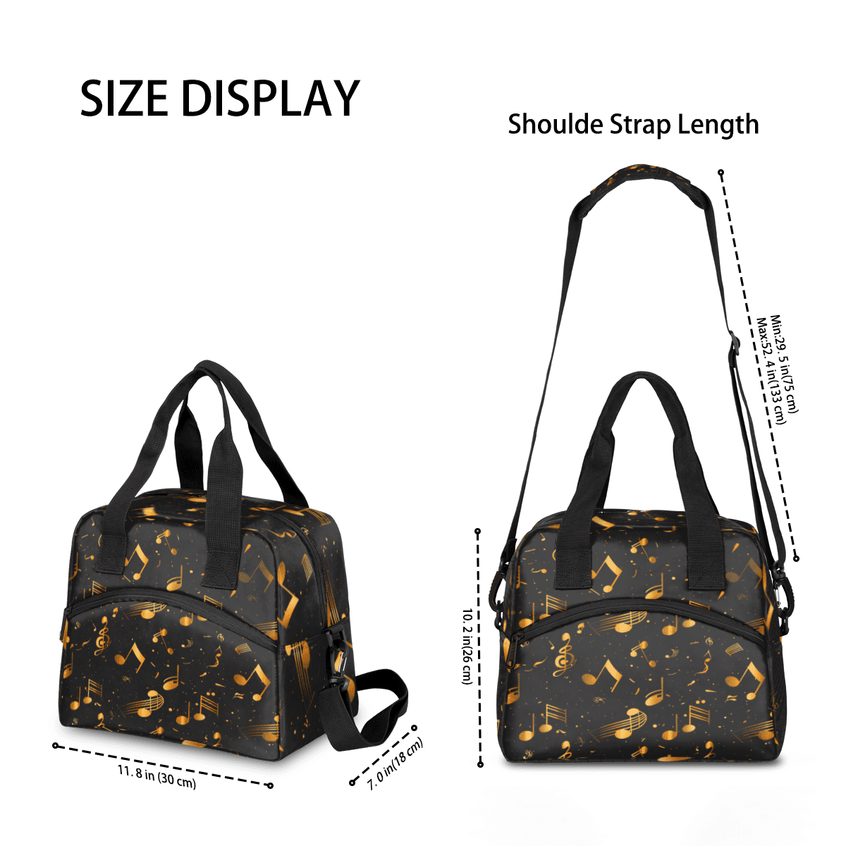 Herdesigns Music Insulated Lunch Bag for Women Men Adults Large Reusable Lunch Box Gold and Black Musical Notes Leakproof Cooler Tote Bags with Adjustable Shoulder Strap