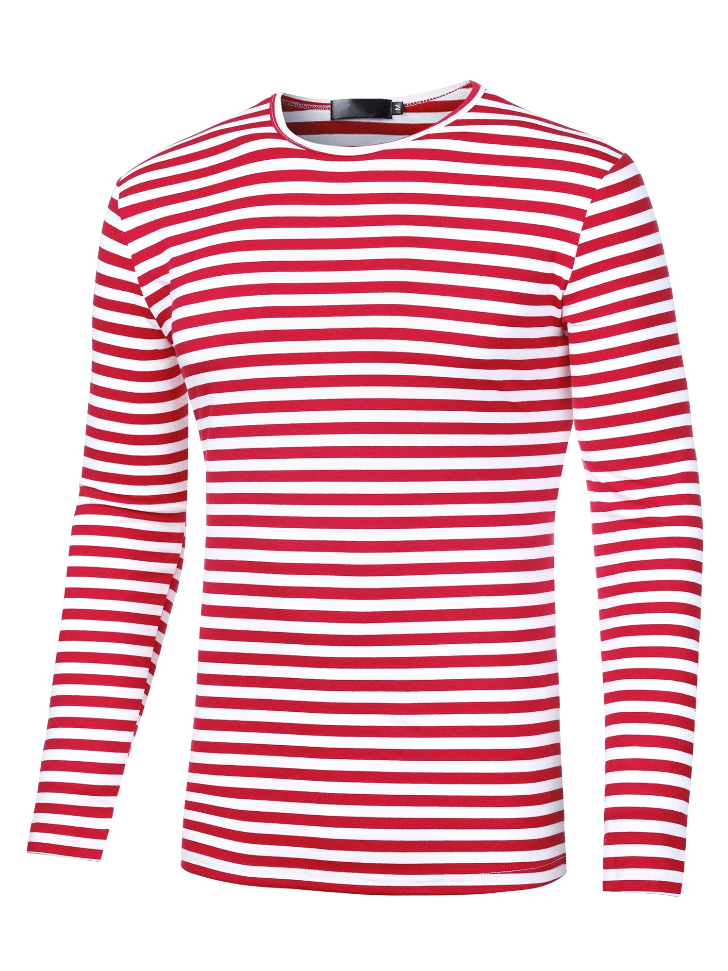 Unique Bargains Men's Long Sleeve Pullover Top Crew Neck Striped T-Shirts 38 White Red