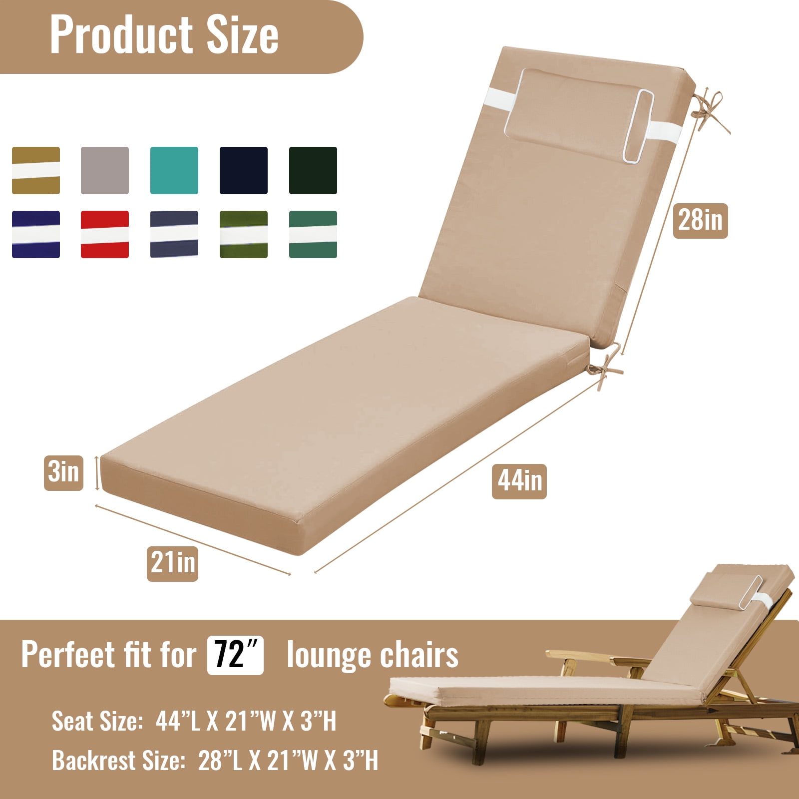 SDJPOI Outdoor Chaise Lounge Cushions,72×21×3in Patio Chair Cushion for Pool Beach（Beige,4pc）