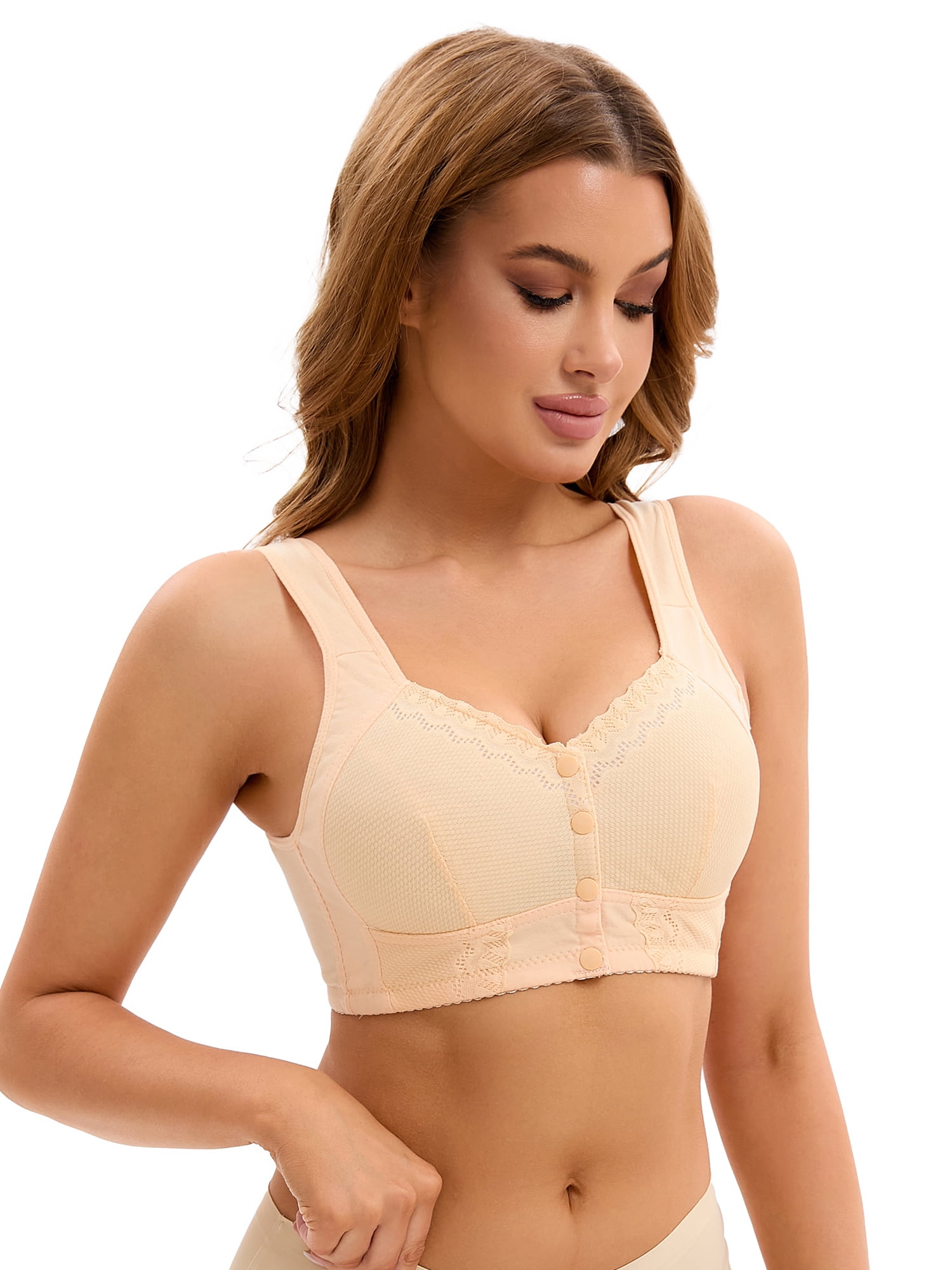 DARING DIVA Women's Full Coverage Lace Front Closure Vest Sports Bras Beige S