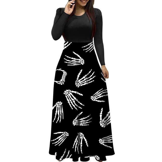 Vestido largo de manga larga con cuello redondo y estampado de Halloween para mujer Fridja yut2747