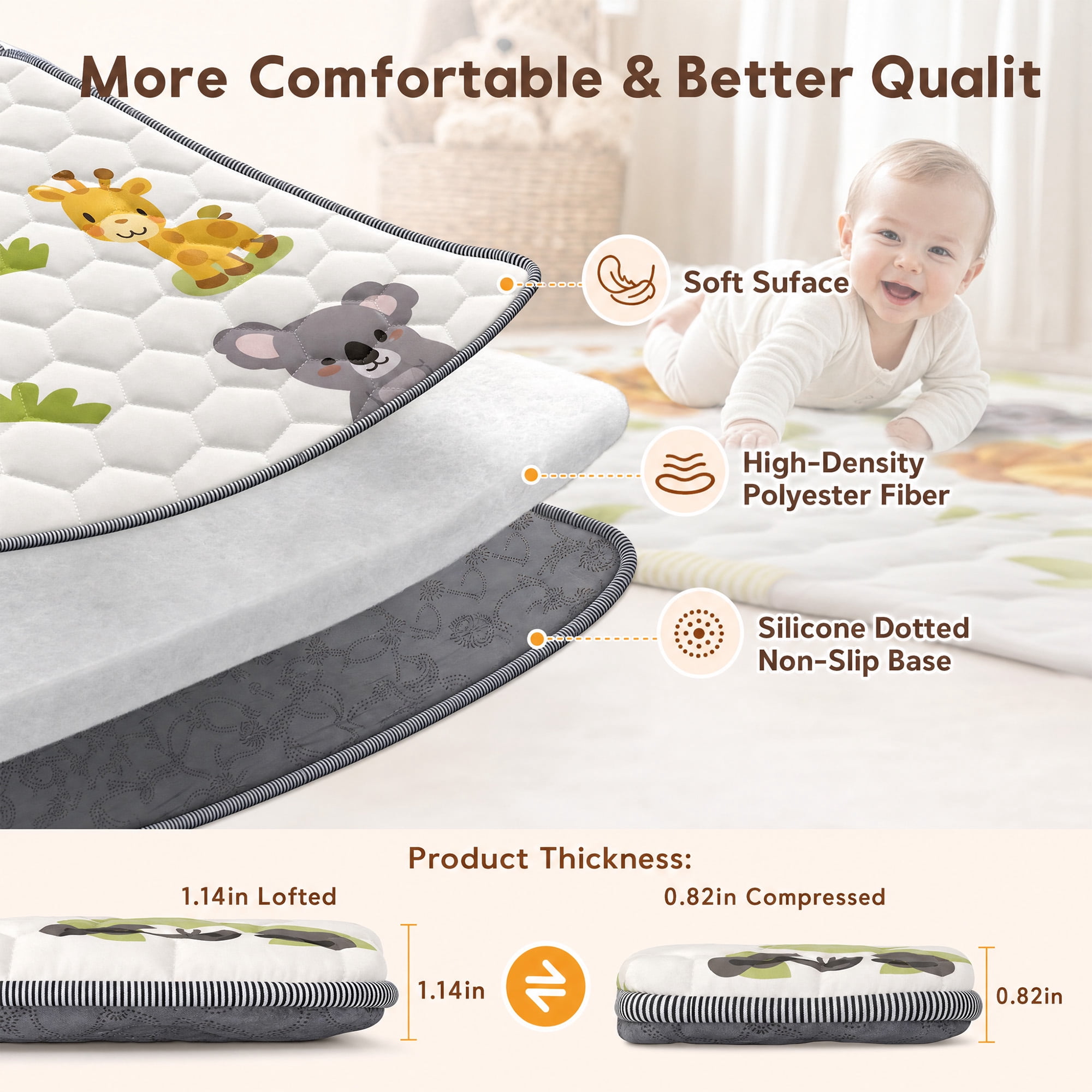 BEAUTYPEAK Baby Play Mat, 50"x50" Mat Perfect for Use Baby Playpen,Non-Slip Foldable Mat for Toddlers and Babies