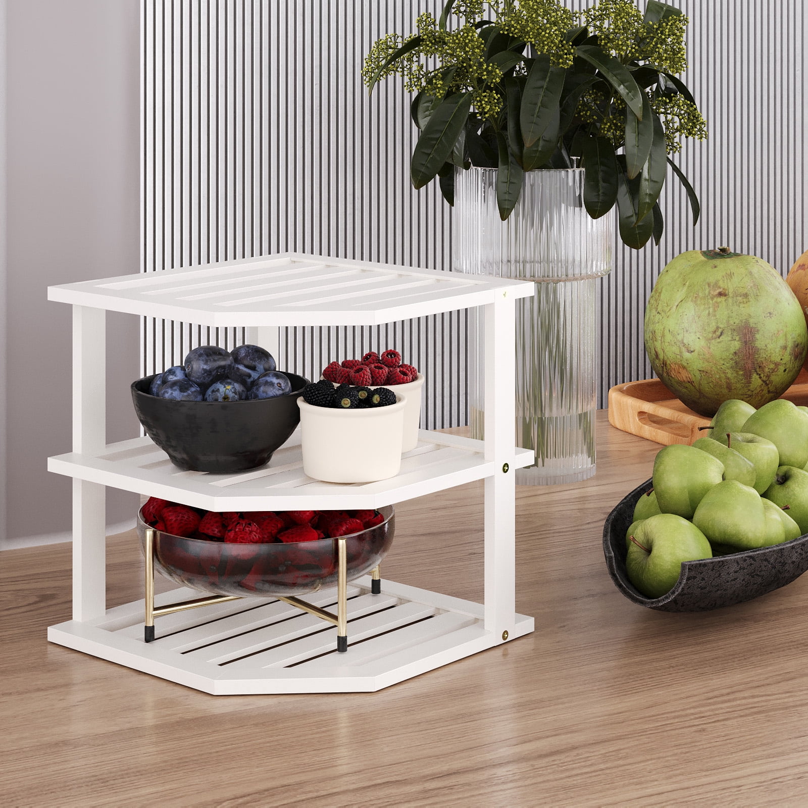 Bamboo Corner Shelf(2 Pack),3 Tier Plate Organizer for Cabinet and Countertop,Pantry Dish and Spice Rack for Kitchen(White)