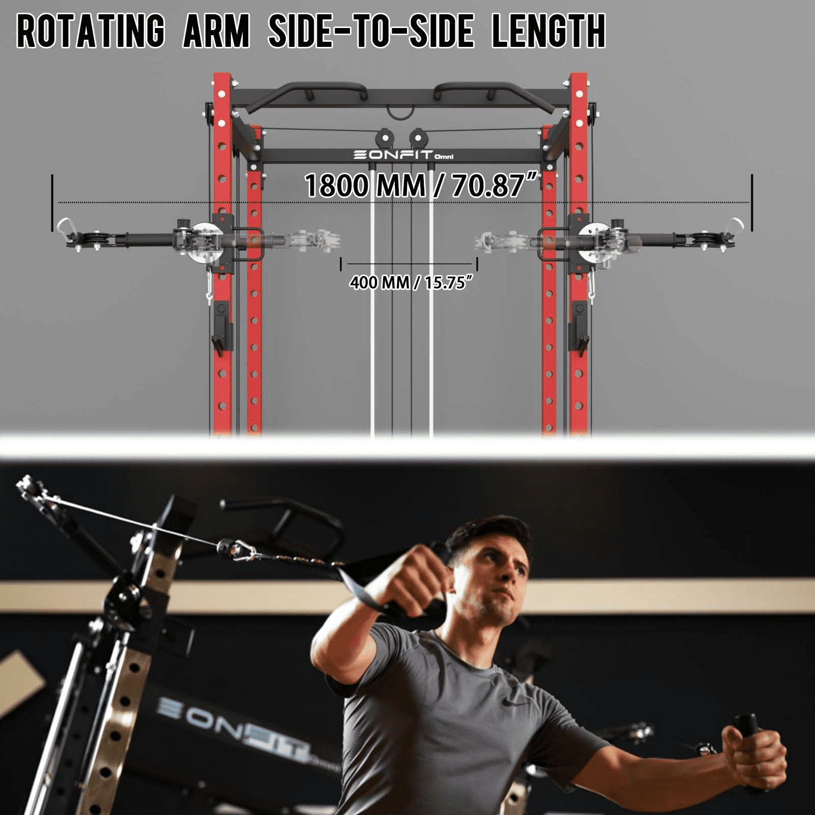 Eonfit E2 Power Cage with 3D Rotation Arms - Multi-Functional Power Rack for Home Gym. 1500lb Squat Rack for Home Gym. Pulley System for Cable Crossover & LAT Pulldown (E2 RED PRO)