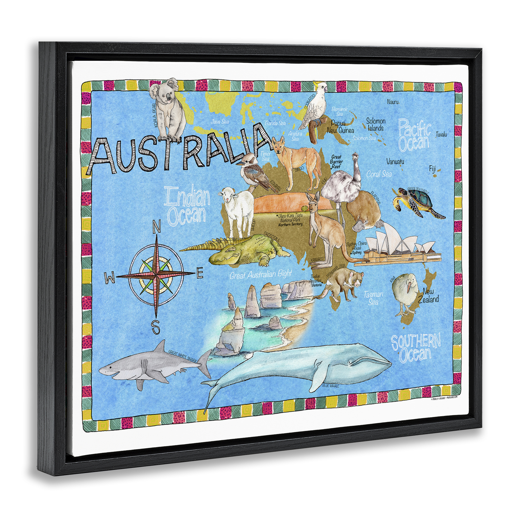 Stupell Industries Australia Animal Map Town & City Painting Black Floater Framed Art Print Wall Art, 21 x 17