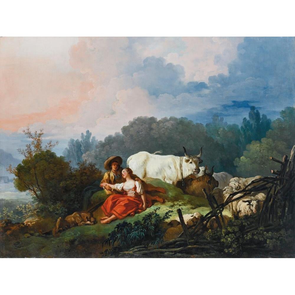 Jean-Honoré Fragonard 18x15 Black Modern Framed Museum Art Print Titled - Pastoral Landscape with a Shepherd and Shepherdess at Rest