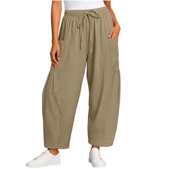 VEKDONE Women's Elastic Waist Wide Leg Pants Summer Cotton Drawstring Lounge Long Pants Casual Beach Vacation Baggy Palazzo Barrel Pants with Pockets Khaki L