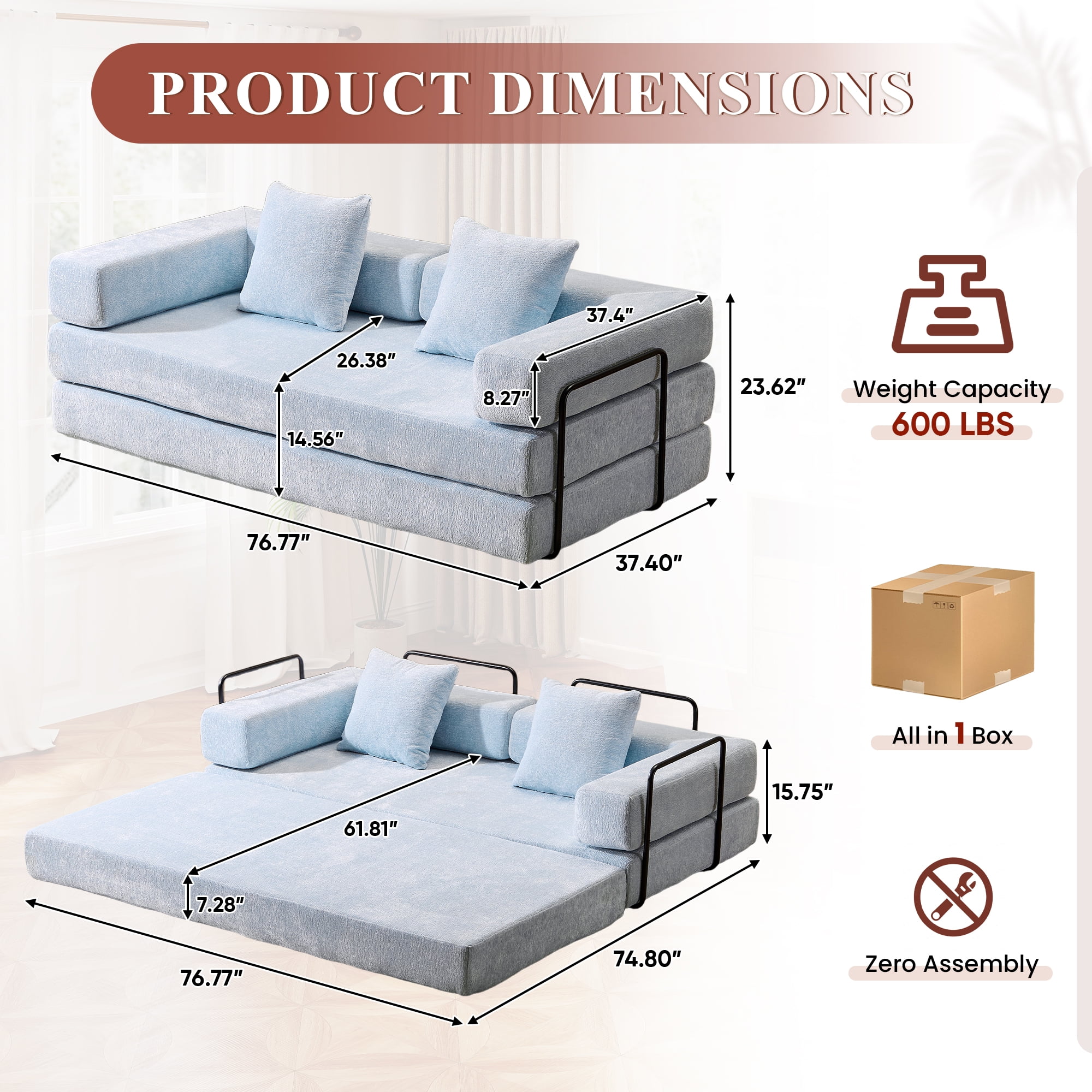 Timbernest 76.8" Folding Sofa Bed, King Size Convertible Sleeper Sofa with 2 Pillows, Chenille Floor Sofa for Living Room, Small Spaces, Baby Blue
