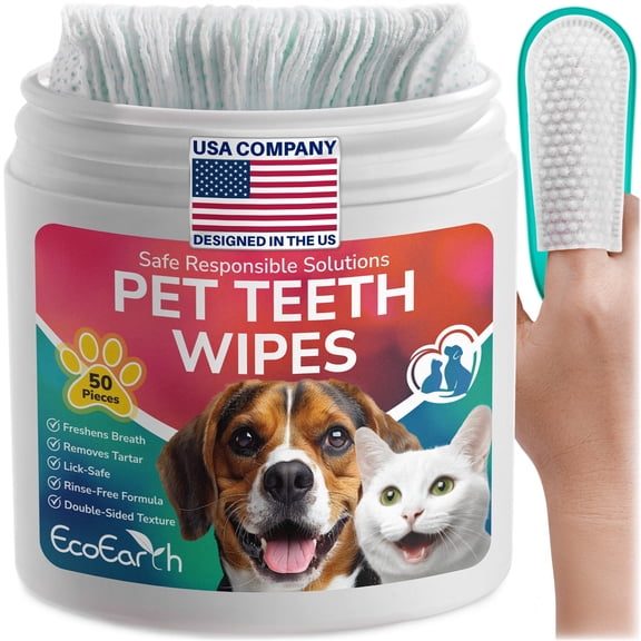 EcoEarth Pet Teeth Cleaning Wipes for Dogs & Cats, Dental Finger Pads, 50 Count (1 Pack)