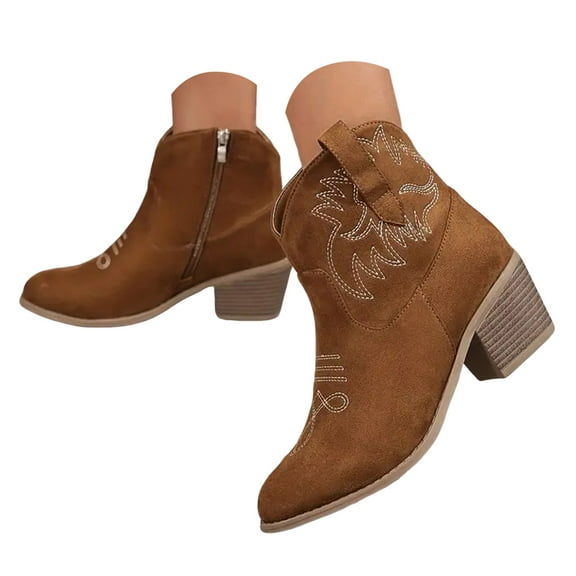 Cowboy Boots for Women Cowgirl Western Wide Calf Ankle Booties Low Chunky Heel Embroidered Classic Short Boot