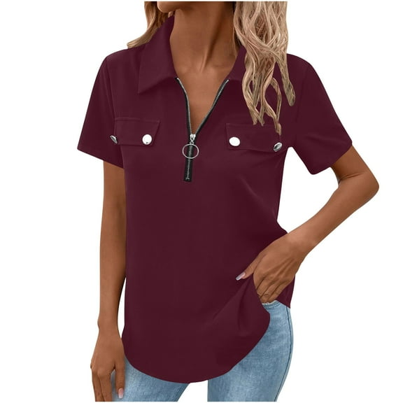 Charella Women's Fashion Tops Half Zip Turn down Collar Short Sleeve T Shirts Summer Casual Loose Fit Comfy Clothes (XL, Wine)