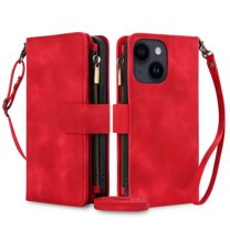 ELEHOLD for iPhone 15 Wallet Case,Flip Leather Women Men Credit Card Cash Slot Zipper Kickstand Shockproof  Protective Case with Crossbody Wrist Strap for iPhone 15,Red