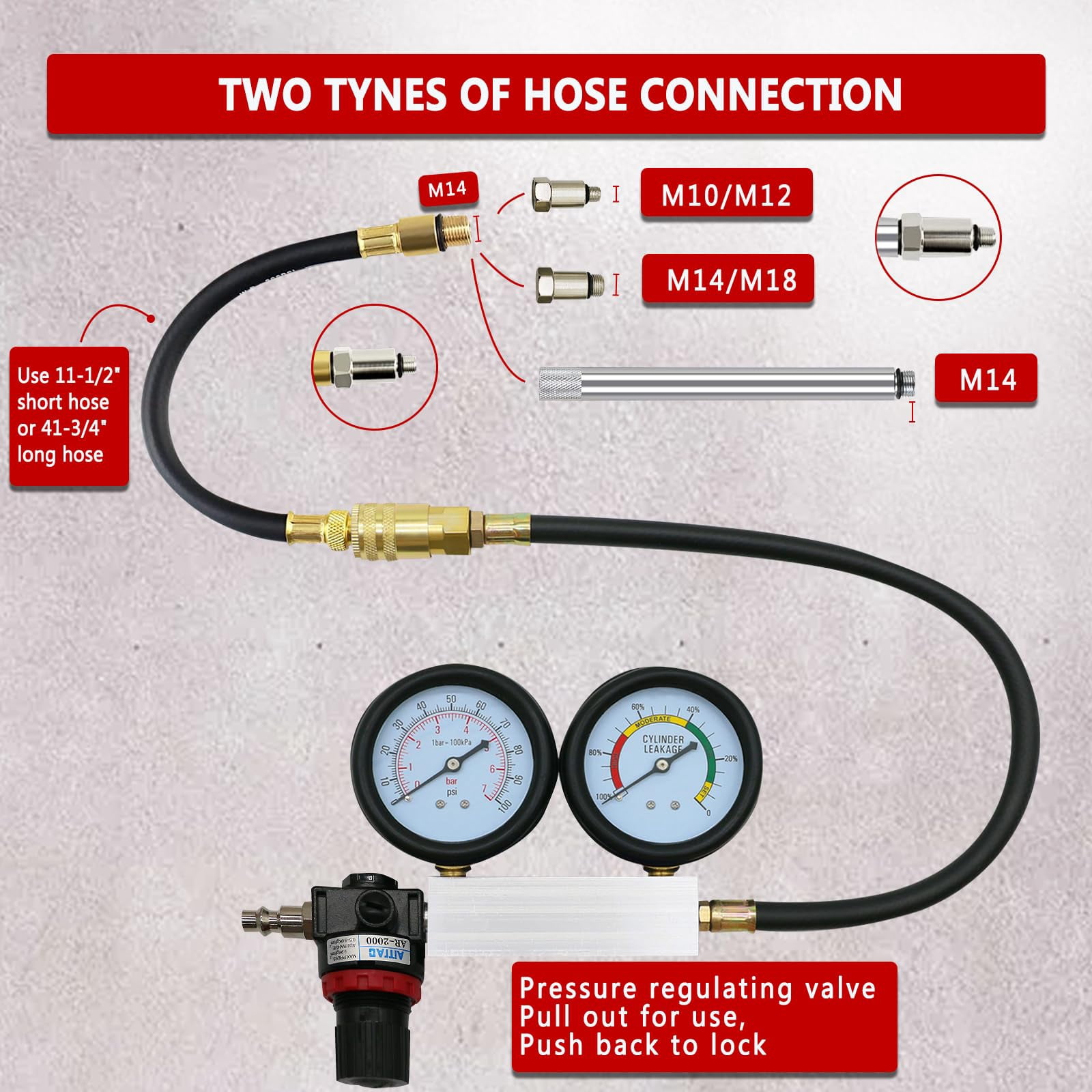 Cylinder Leak Down Tester Kit,Automotive Engine Pressure Gauges Compression Test Leakage Detector Tool Set - Light Red (TU-21)，Brass