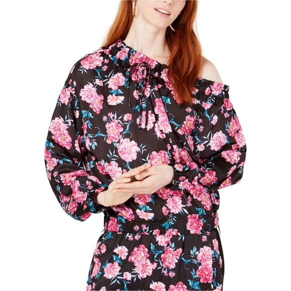 Kendall Kylie Blusa floral con hombros descubiertos para mujer, negro, XS
