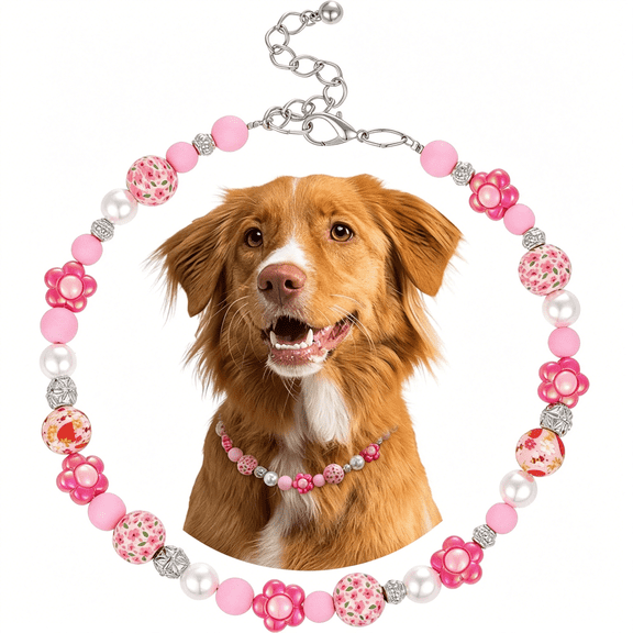 DESIGNICE Pink Dog Pearl Necklace | Durable Cute Fashion Pet Collar for Dog Adjustable | Flower Pearl Beaded Bold Puppy Jewelry Accessories 14 Inches