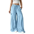 thumbnail image 3 of Women's Wave Textured Wide Leg Cargo Pants, Trendy Design Lightweight Drawstring Elastic Waist Full Length Casual Trousers with Pockets for Office Daily Travel | TruBelle,Light Blue M, 3 of 7