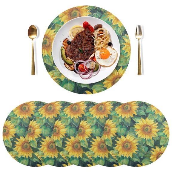 Round Placemats Plate Mats 15 Inch Non-Slip Heat Resistant Washable PVC Set Table Decoration for Kitchen Dining Pattern Of Sunflowers