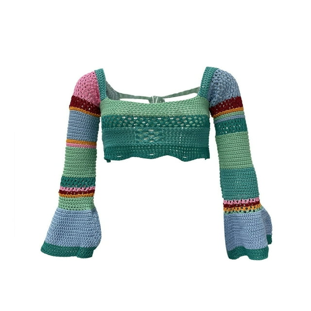 PENGXIANG Hauts Courts en Tricot Ajouré pour Femmes, Manches Longues, Col Carré, Bodycon Transparent, Mode Urbaine Multicolore 2 S