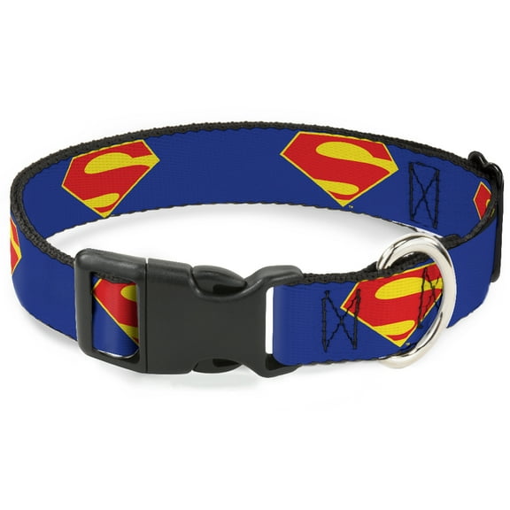 DC Comics Pet Collar, Dog Collar Plastic Buckle, DC League of Super Pets Superman Shield Logo Blue Red Yellow, 7 to 8.5 Inches 0.5 Inch Wide