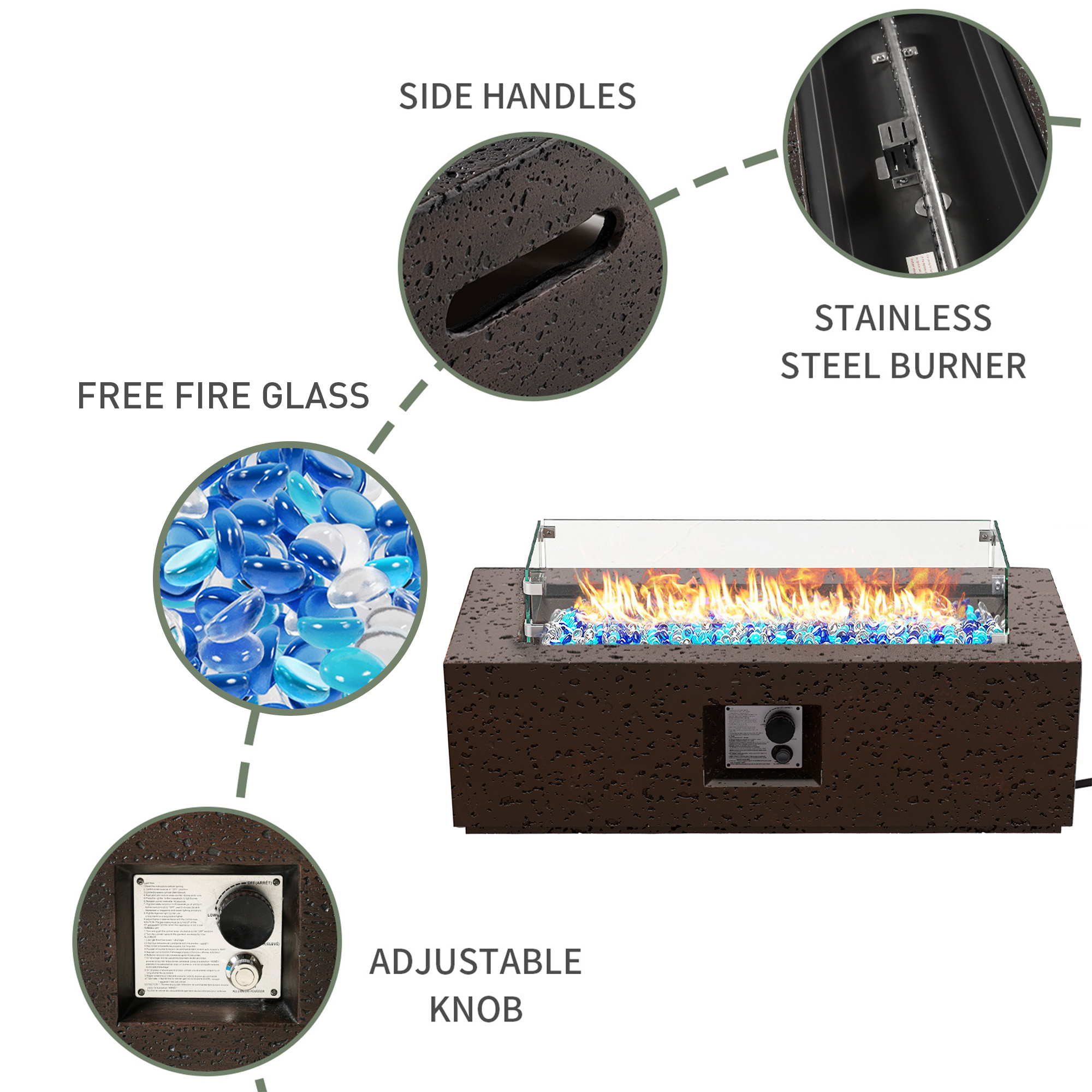 COSIEST 42" Rectangular Propane concrete Fire Pit Table with Wind Guard, Tank Table & Fire Glass​​
