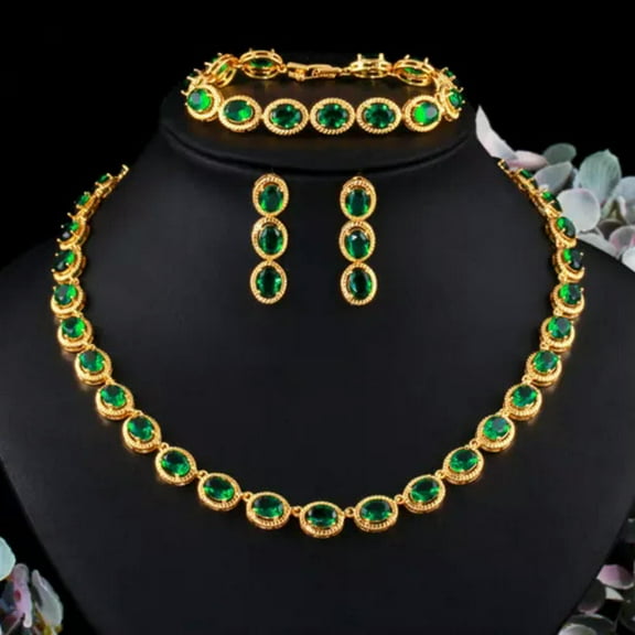 Luxury Green CZ Choker Necklace Earring Bracelet Dubai Gold Pageant Jewelry Sets
