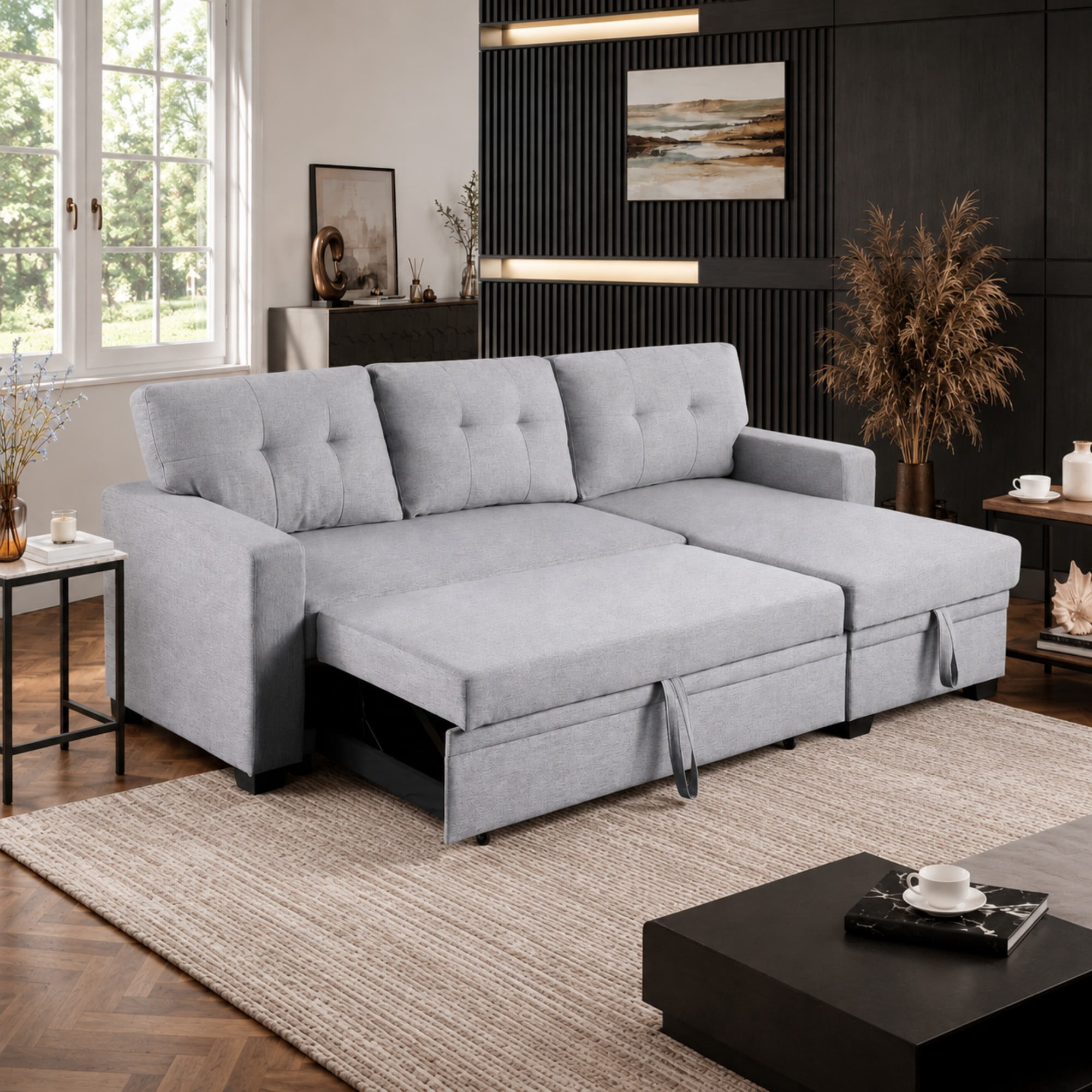 BSHTI 82" 3-Seat Linen Pull Out Sectional Sleeper Sofa with Storage Chaise, Removable Back Cushions for Living Room（Light Gray）