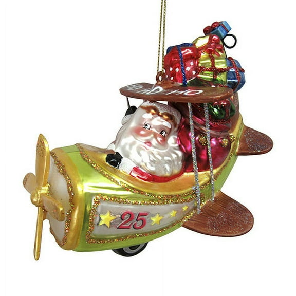 Hanging-Santa Flying Plane-Glass Christmas Ornament