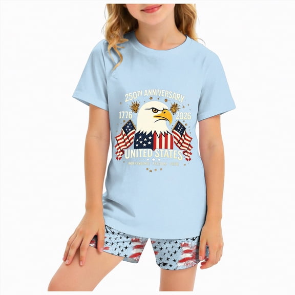 mgoYE Girls Boys American Flag 250th Anniversary Commemorative Outfit Set, Crew Neck Loose Fit Daily Shorts Set 250th Anniversary USA Polo Shorts Set(Sky Blue,5-6 Years)