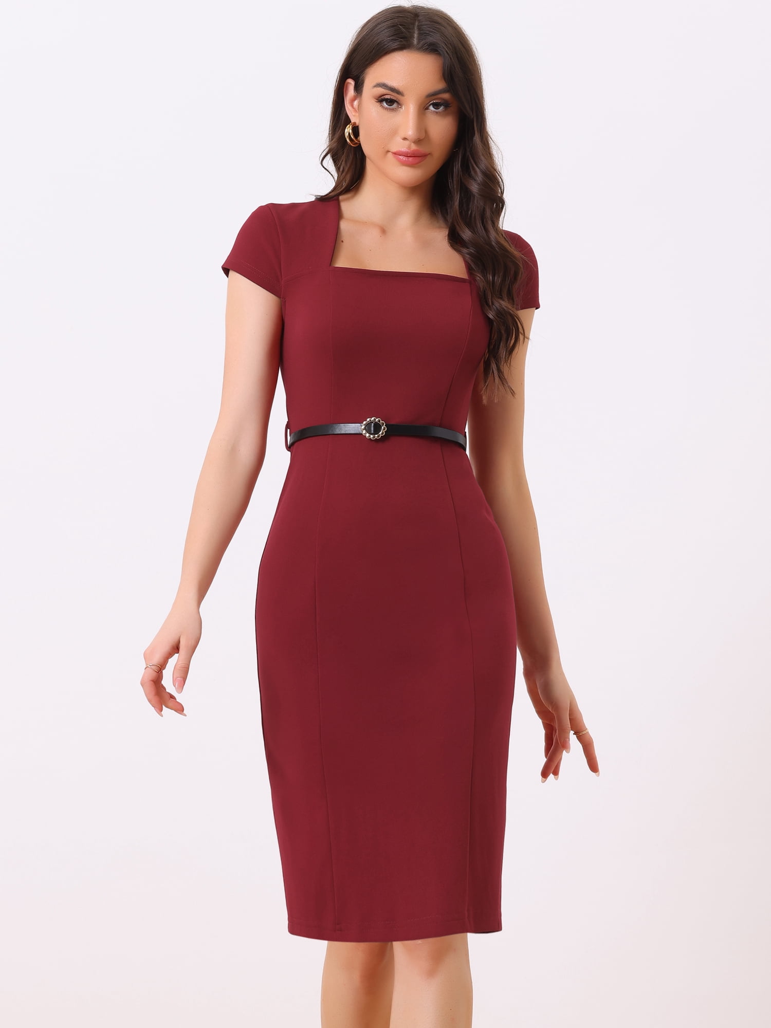 DARING DIVA Square Neck Cap Sleeve Belted Sheath Dress L Wine Red