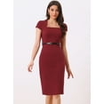 thumbnail image 2 of DARING DIVA Square Neck Cap Sleeve Belted Sheath Dress S Wine Red, 2 of 6