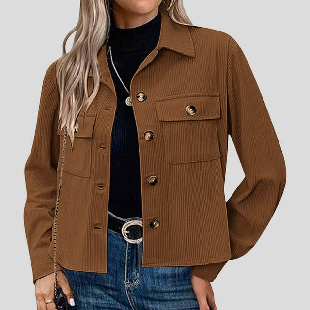 Simua Womens Trendy 2024 Cropped Shackets Corduroy Button Down Crop Jackets Tops Long Sleeve Shirts