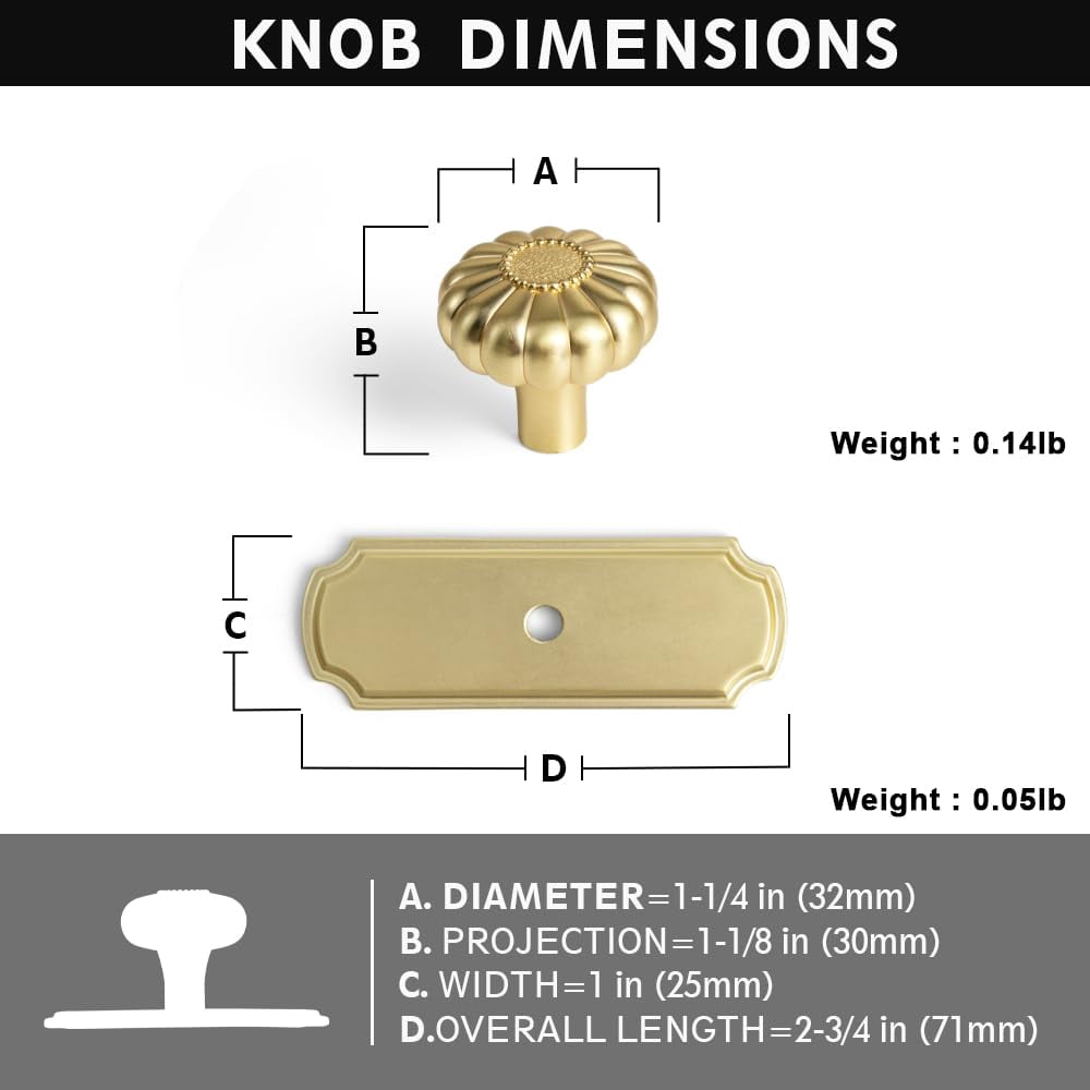 Set of 6 - Elegant Vintage Bloom Antique Brass Cabinet Knobs with Backplate, Drawer Pulls for Kitchen, Dresser Cabinet Hardware for Bedroom, 1-1/4 Inches Diameter Handles