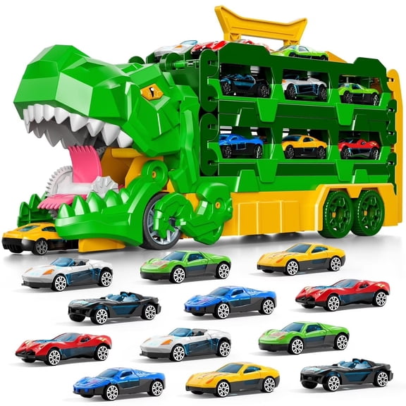 Dinosaur Race Track Toys for Ages 3-4 4-6, 59-inches Transport Dinosaur Truck with 12 Alloy Cars, Carrier Truck Toy Birthday Gifts Toys for 3 4 5 6 Year Old Boy, Green