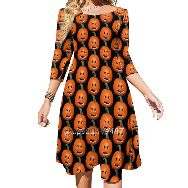 Vestido de cuello cuadrado con calabaza de Halloween Vestido de verano dulce Vestido elegante con estampado halter para mujer Calabaza de Halloween Calabaza de Halloween