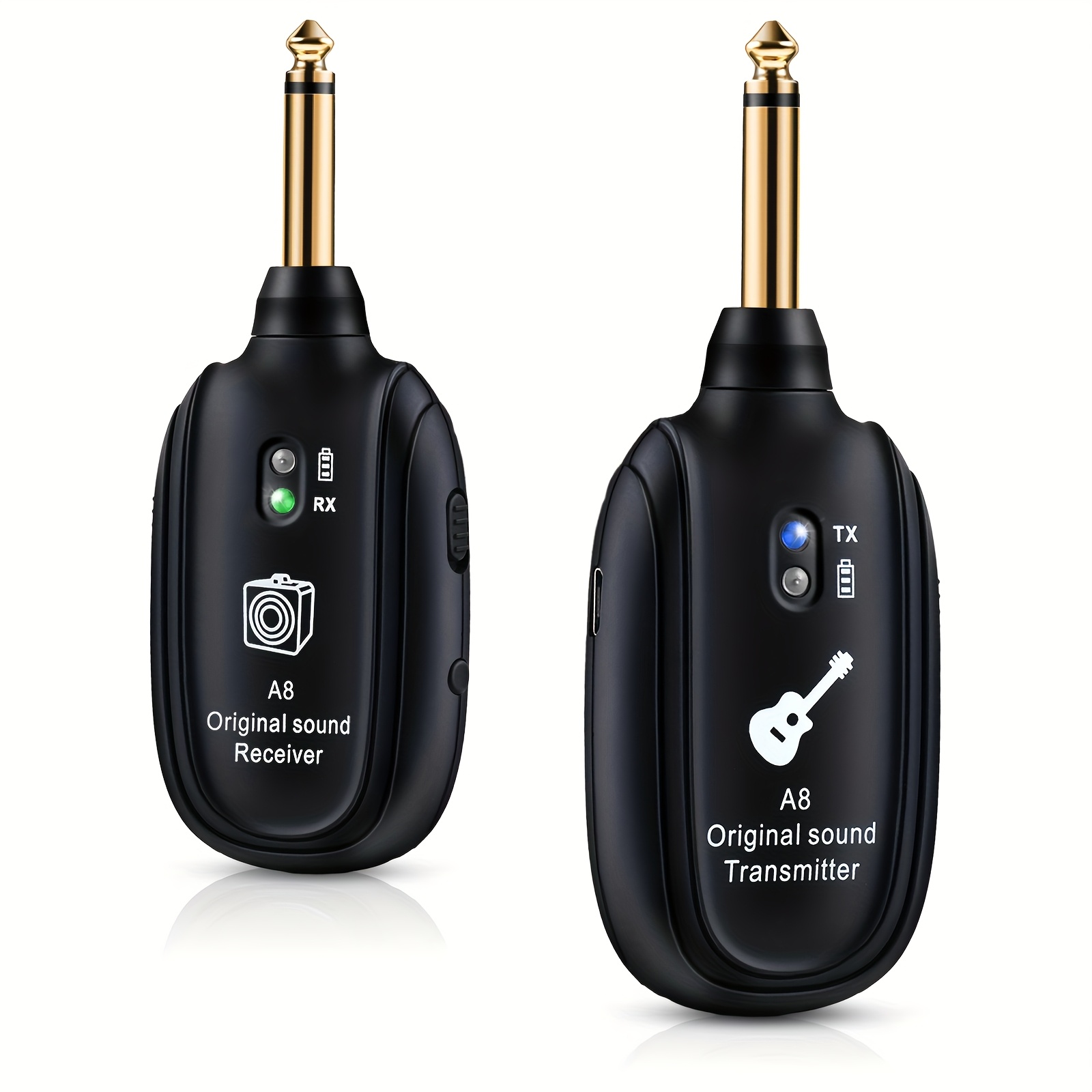 A8 Wireless Guitar System, Built-In Rechargeable Transmitter and Receiver, Stereo Audio, Hand Control, USB Charging for Electric Guitar, Bass, Violin, Compatible with Amplifiers