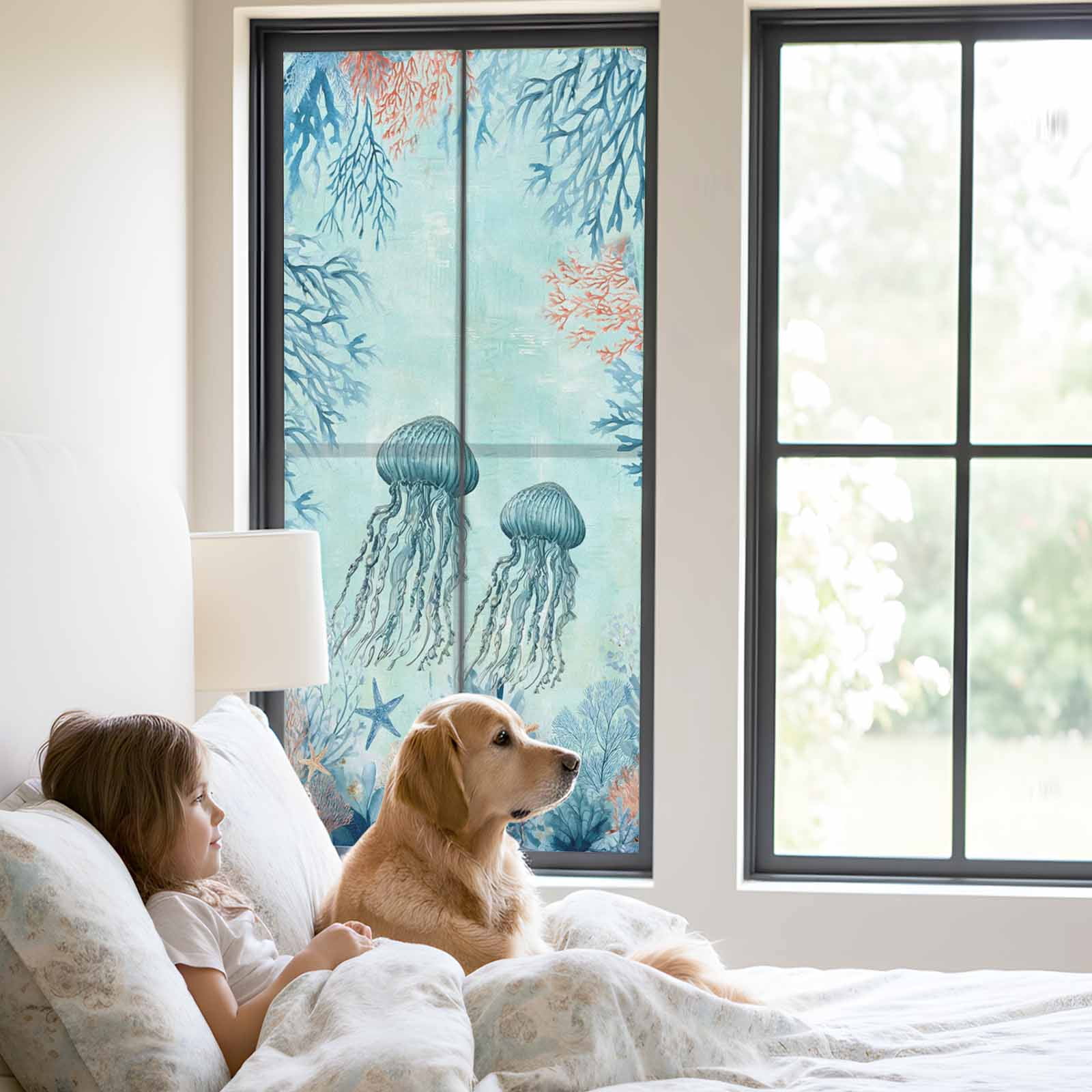 Summer Oceans Window Privacy Film, Teal Blue Jellyfish Corals Starfish Marine Life Frosted Glass Window Clings Static Cling UV Heat Blocking Reusable Door Sticker for Bathroom 23.6 x 59 Inch