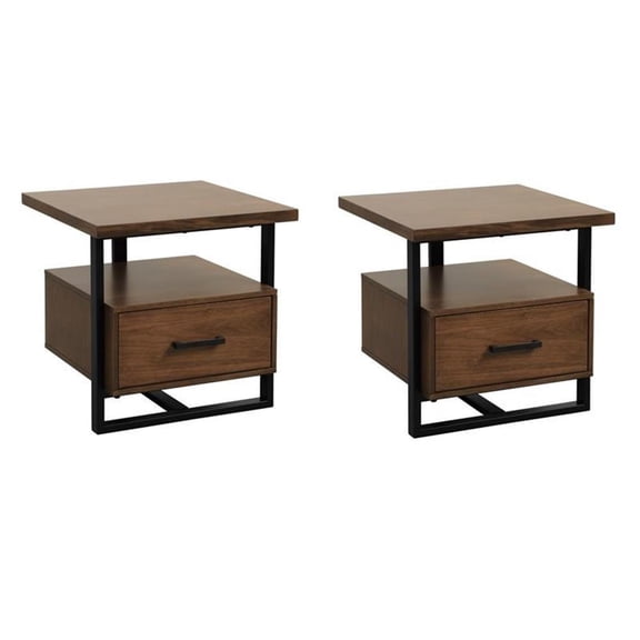 Pemberly Row Set of 2 Contemporary Metal 1-Drawer End Tables in Walnut