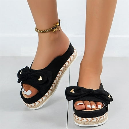 

KBODIU Women s Comfort Slides Thick Soled Sandals Bow Fish Mouth Slippers Black 42