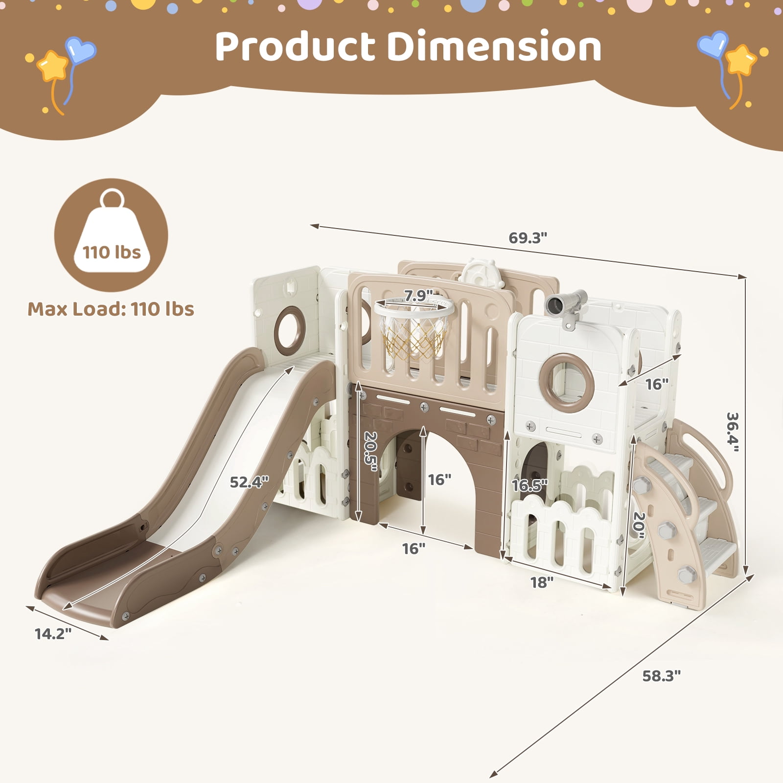 Arlopu 9 in 1 Toddler Slide Set, Large Toddler Slide with Basketball Hoop & Ball, Telescope, Storage Space, Tunnel, Outdoor Indoor Playground Slide