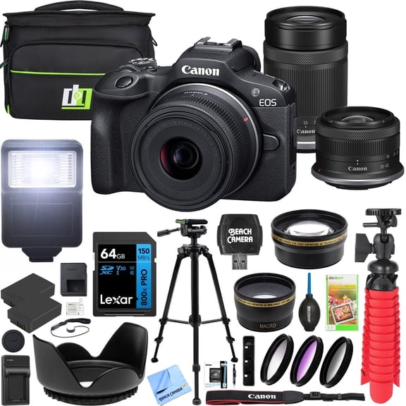 Canon EOS R100 Mirrorless Camera Body with 2 Lens Kit RF-S 18-45mm IS STM and 55-210mm IS STM 6052C022 Bundle with Deco Gear Bag   2 Battery  Tripod   Filters   Wide Angle & Telephoto Lenses & More