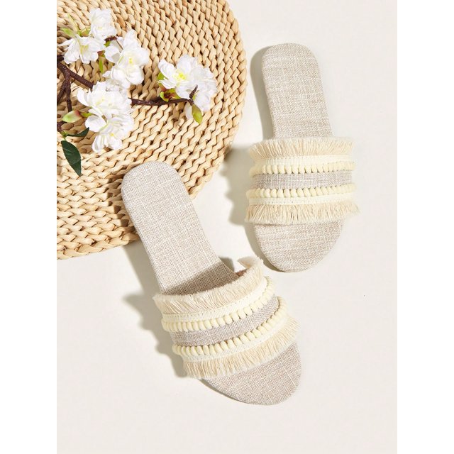 Women Orange Raw Trim Design Flat Sandals, Funky Open Toe Slide Sandals For Summer
