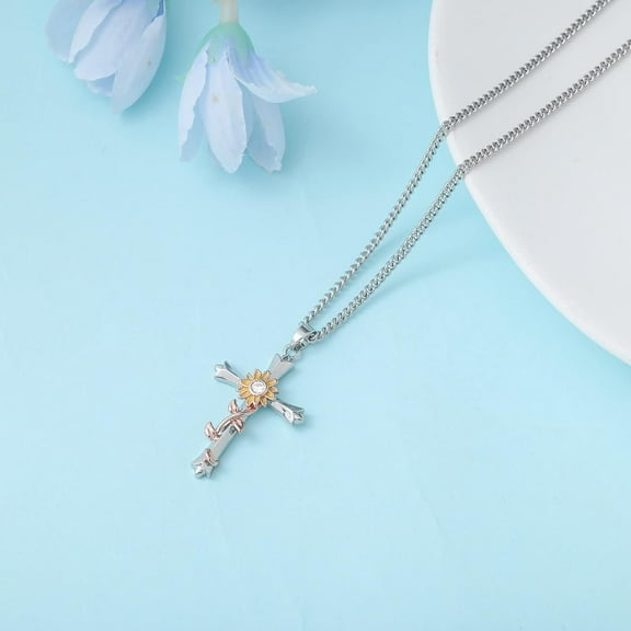 Cross Necklace For Women | Silver Faith Birthstone Cross Pendant With Birth Flower Jewelry Gifts For Teen Wife Women For Birthday Anniversary[o3397]