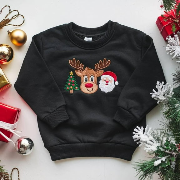 Kids Christmas Embroidered Sweatshirts, Santa Claus Reindeer Tree Sweatshirts, Holiday Sweatshirts for Toddlers, Custom Christmas Sweatshirt
