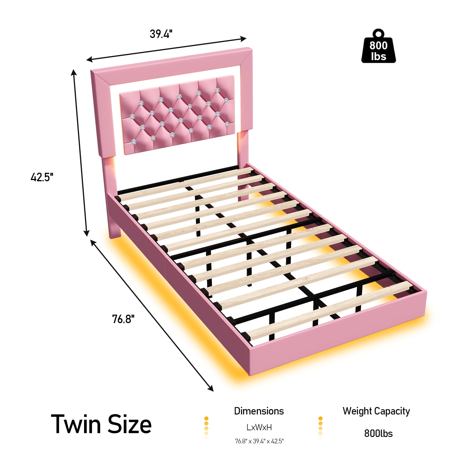 4 EVER WINNER Twin Size Floating Bed Frame with LED Lights, Upholstered Platform Bed Frame with Diamond Tufted Headboard, Pink Twin Size Bed Frame, Pink